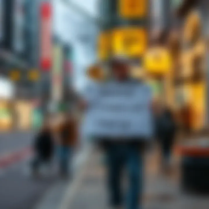 A person stands on a street corner holding a sign that reads 'Need Financial Help'. The background shows a busy urban setting with passersby and shops.
