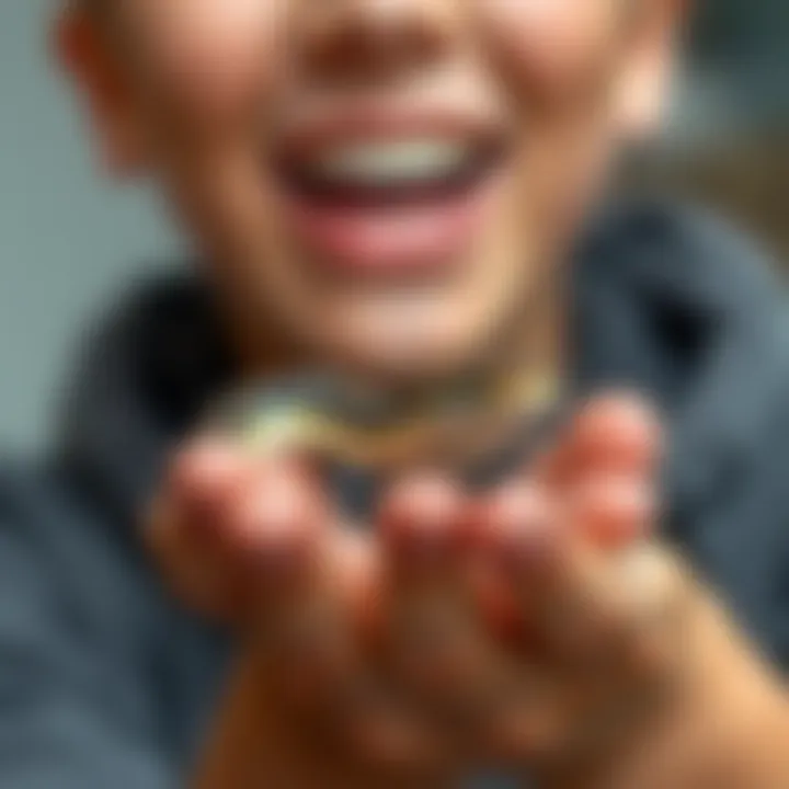 A person gently holds a small snake, affectionately known as a danger noodle, with a surprised and joyful expression