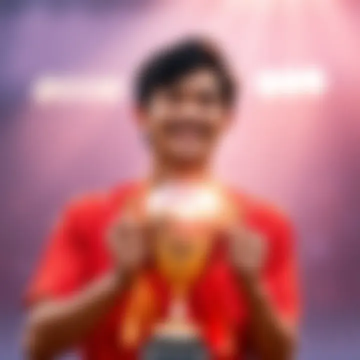 Person holding a trophy A proud person with a big smile holding a shiny trophy after completing a major goal.