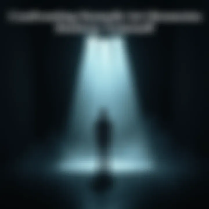 Person in shadows contemplating A person stands in a dimly lit room, deep in thought, surrounded by dark shadows symbolizing inner conflict and self-destruction.