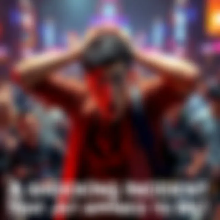 A person standing with a surprised expression, hands on their head, surrounded by a crowd reacting to an unexpected event.