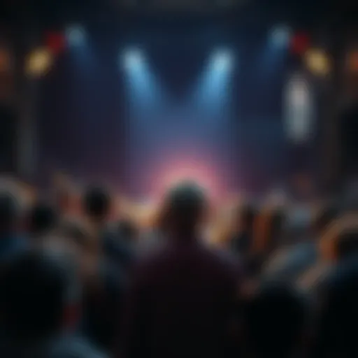 A crowd of people looking at a lone figure surrounded by bright lights, showing curiosity and excitement.