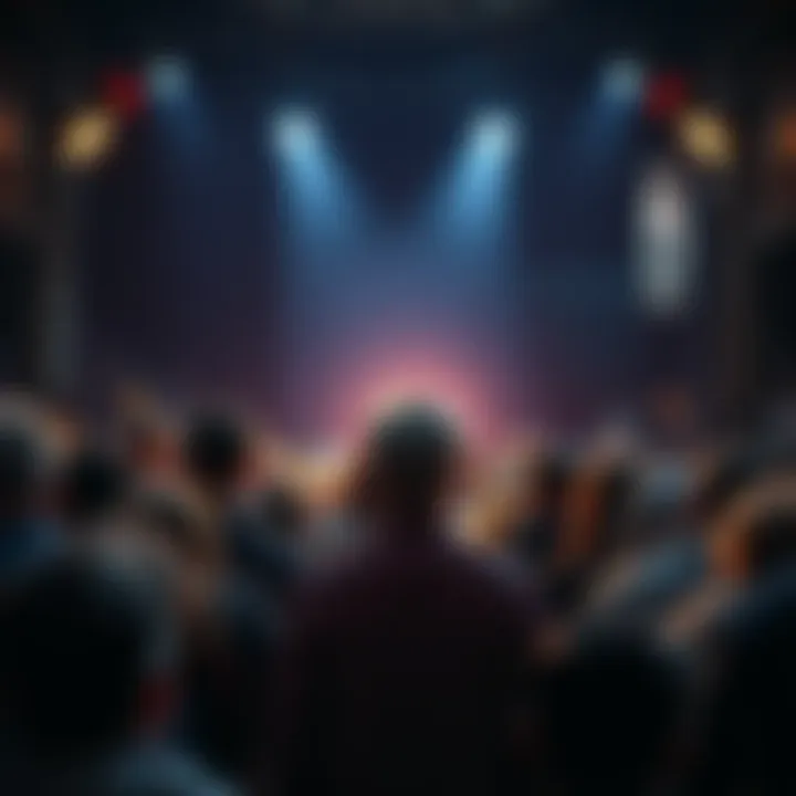 A crowd of people looking at a lone figure surrounded by bright lights, showing curiosity and excitement.