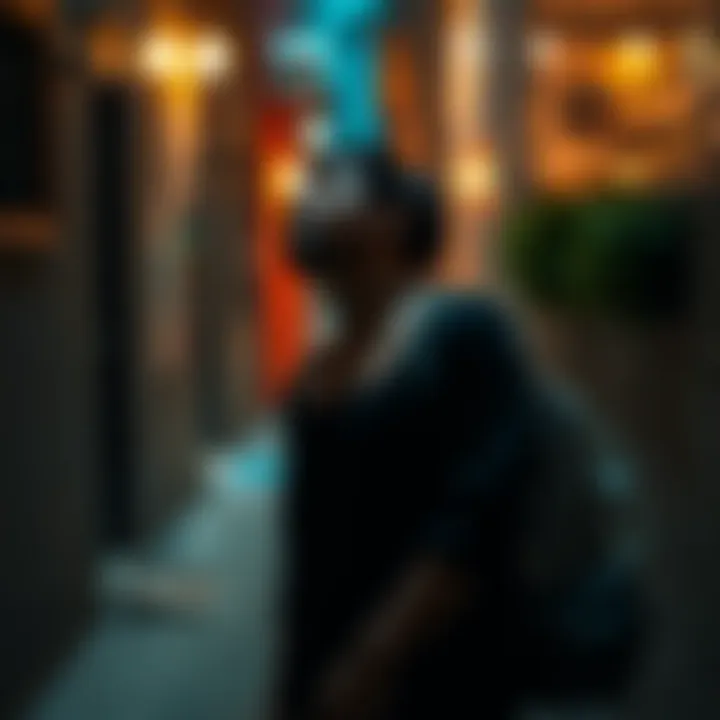 A person standing in a dark alley, looking scared and anxious, reflecting on a terrifying moment in their life.