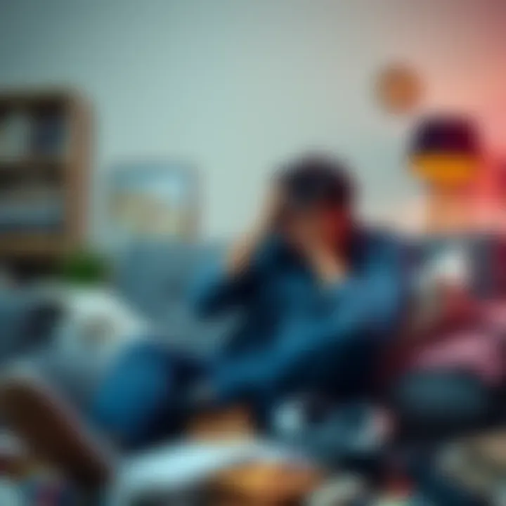 Person laughing at frustration A person sits on a couch, laughing while holding their head in their hands, surrounded by mess and chaos, showcasing a humorous take on feeling defeated.