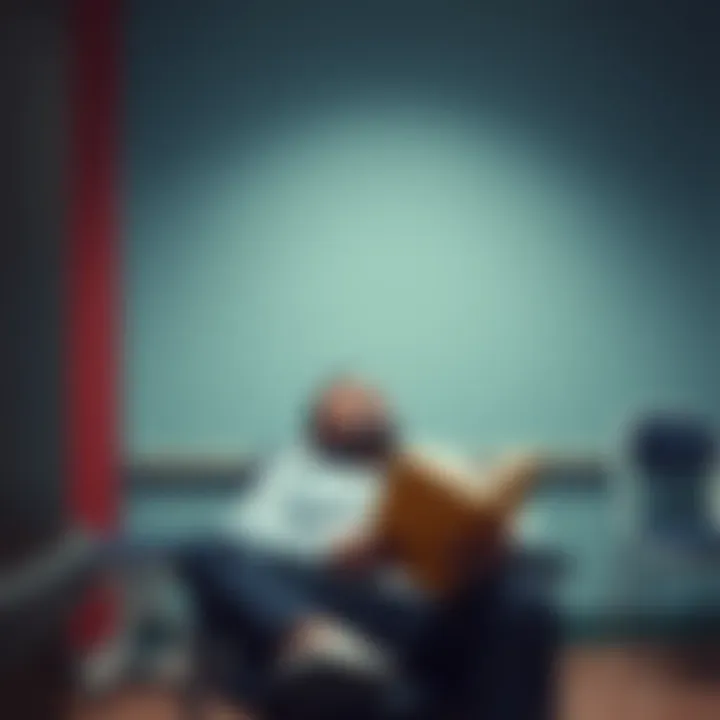 A person sitting alone in a rehab center, smiling softly while holding a humor book, conveying a mix of joy and isolation.