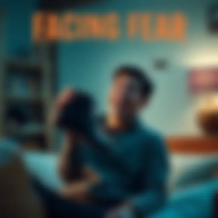 A person humorously reacting to a spider in their room, laughing while holding a shoe, showing fear in a funny way