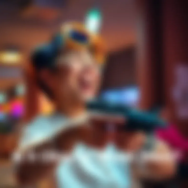 A person playfully holding a toy gun, laughing and having fun in a light-hearted setting.