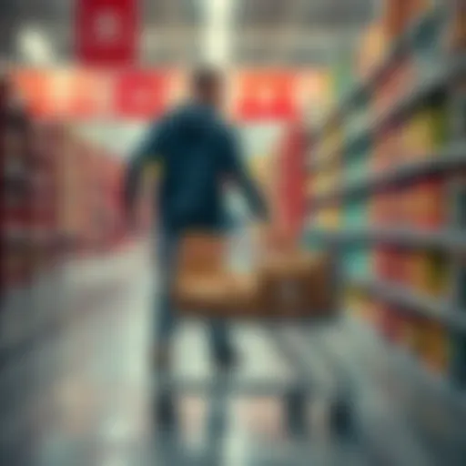 Person leaving shopping cart A person briefly stepping away from a shopping cart in a store, showcasing unexpected results after leaving it unattended.