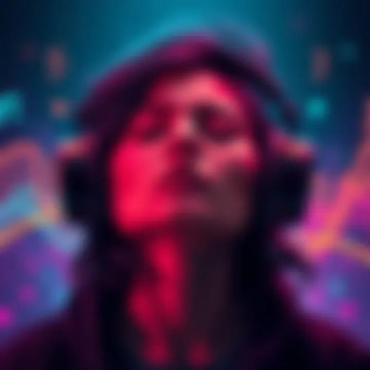 A person with headphones immersed in music, showing deep emotions while surrounded by colorful sound waves