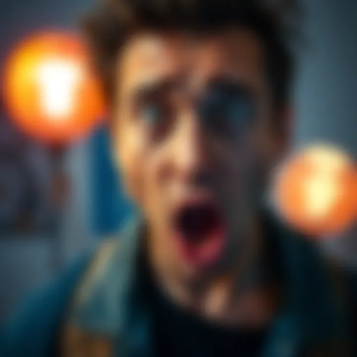 Person looking alarmed A person with wide eyes and an open mouth, showing surprise and fear, indicating a sudden danger.
