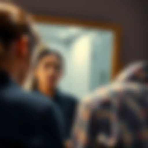A woman looks confused while standing in front of a mirror, unable to see a reflection of her friend beside her.