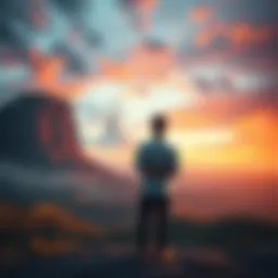 A person standing with arms crossed, gazing thoughtfully at a shifting landscape representing change and unexpected outcomes.