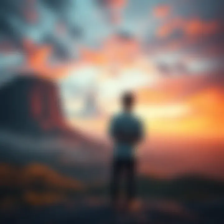 A person standing with arms crossed, gazing thoughtfully at a shifting landscape representing change and unexpected outcomes.