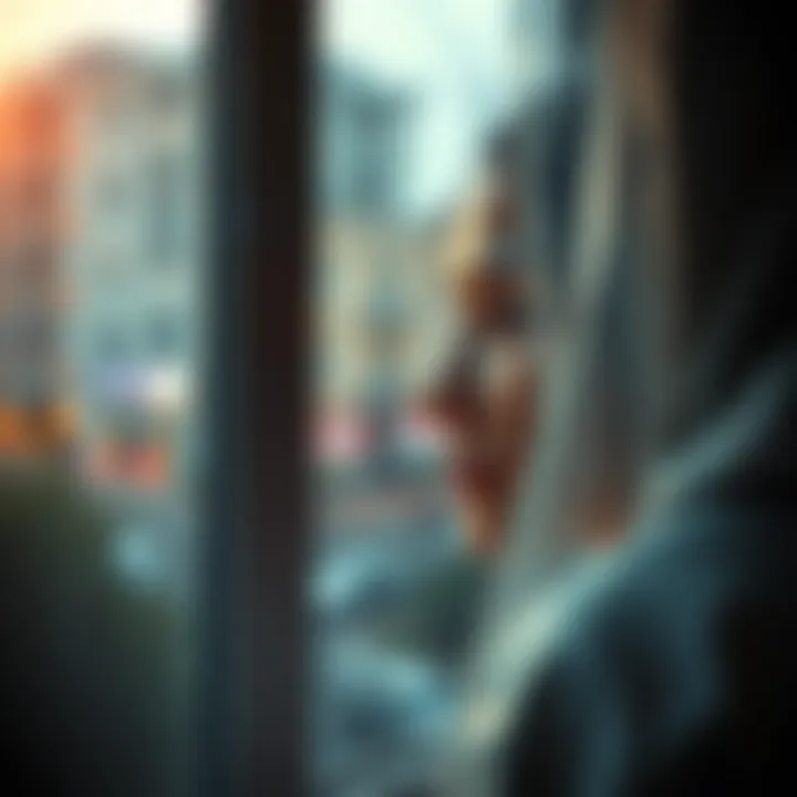 A person looking out a window with a sad expression Individual gazing out at a rainy scene, reflecting feelings of sadness and unhappiness