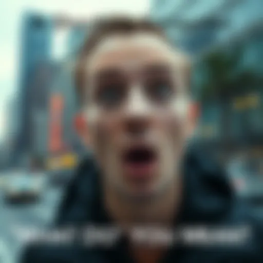 A person with wide eyes and an open mouth, showing disbelief, with a modern city backdrop.