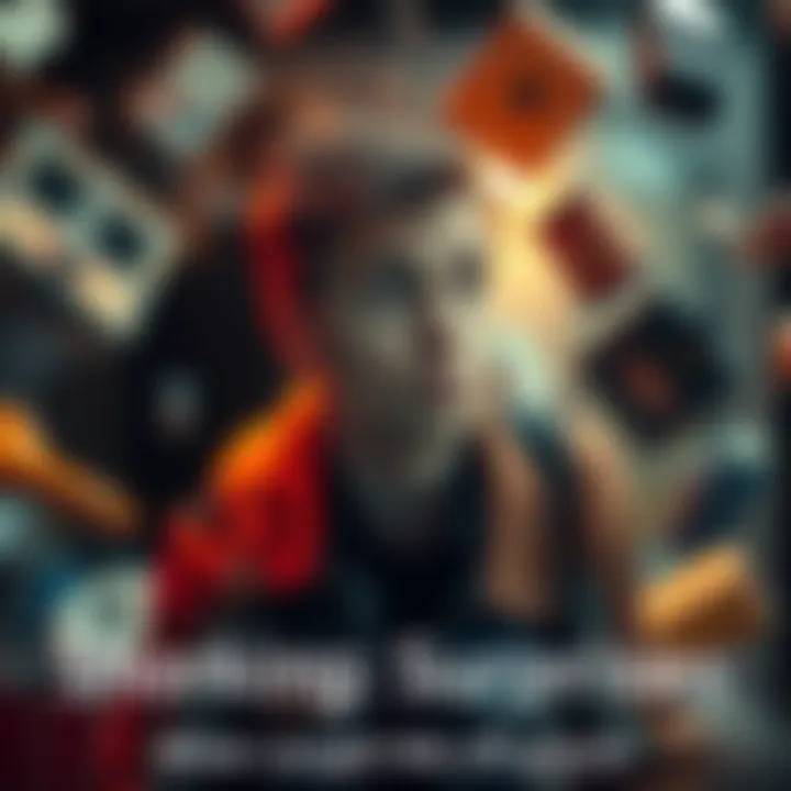 A person with a shocked expression, standing in a chaotic scene, with unexpected items falling around them