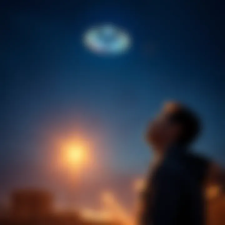 Individual standing outside, gazing at an unidentified object above them with a startled expression