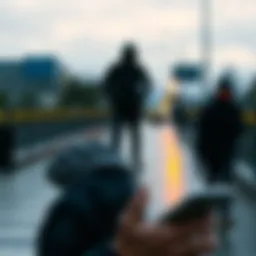A person stops scrolling on their phone to observe a suspicious figure nearby, showing the contrast between distraction and awareness.