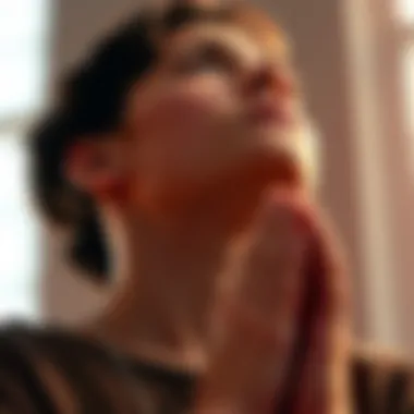 A person with a concerned expression gazing upward with clasped hands in a prayer position, reflecting hope and empathy amid modern issues.