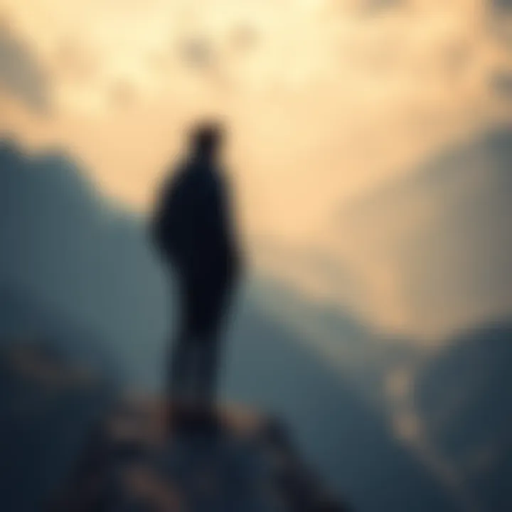 Person standing on a mountain peak A person gazes at the view from a high mountain peak, reflecting on their life achievements.