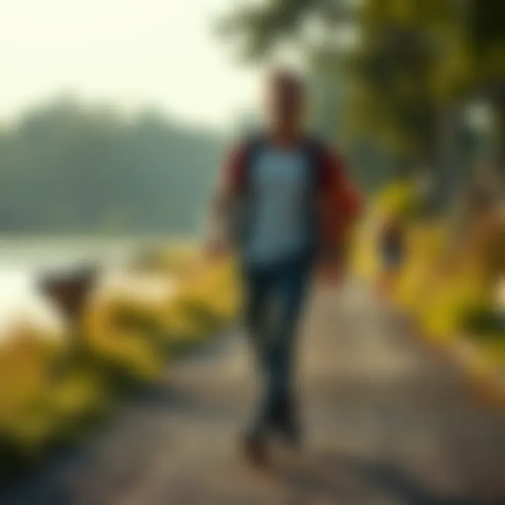 Individual walking on a path, looking determined and energized, symbolizing transformation from laziness to motivation