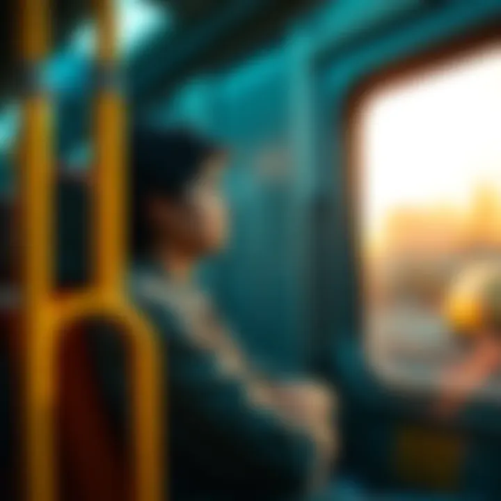A person sitting on a train, gazing out the window with a thoughtful expression, hinting at the mental struggles during the commute.