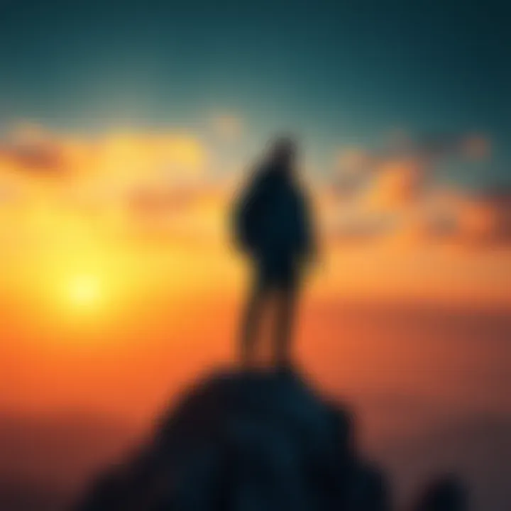 A person standing tall on a mountain top, looking determined with a sunset in the background, symbolizing perseverance and motivation.