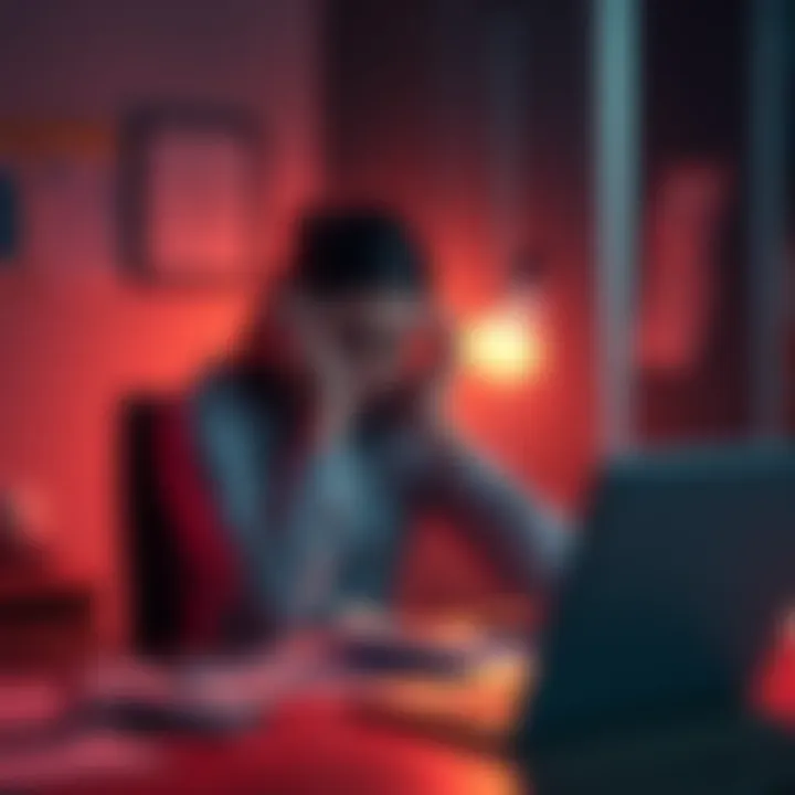 Person overwhelmed at work A person sitting at a desk with their head in their hands, looking stressed and tired, surrounded by papers and a laptop