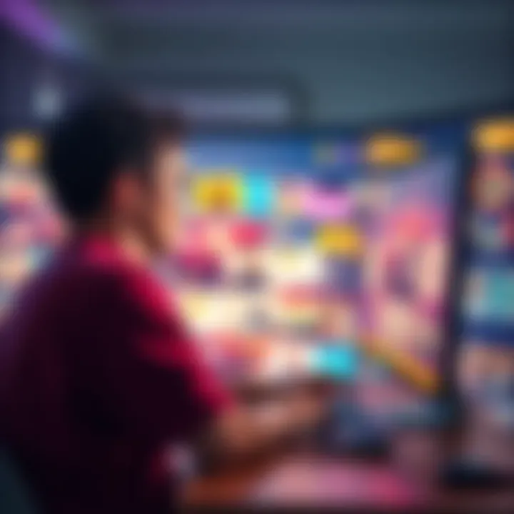 A person sitting at a computer looking stressed while scrolling through a vibrant forum page filled with discussions