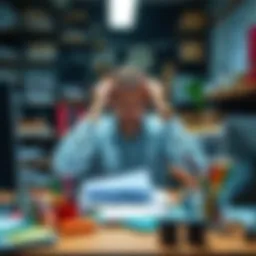 Person looking overwhelmed at work A person sitting at a desk with a cluttered workspace, holding their head in frustration, depicting struggles with mental clarity and focus.