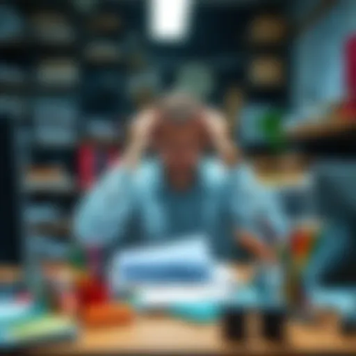 Person looking overwhelmed at work A person sitting at a desk with a cluttered workspace, holding their head in frustration, depicting struggles with mental clarity and focus.