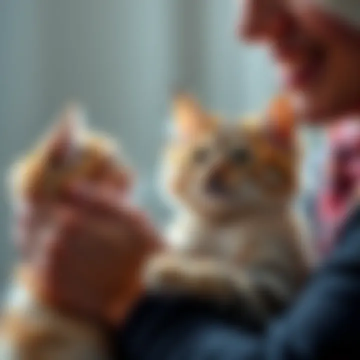 A joyful moment as a person pets a fluffy cat for the first time, showing a warm connection between them.
