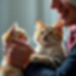 Person petting a cat A joyful moment as a person pets a fluffy cat for the first time, showing a warm connection between them.