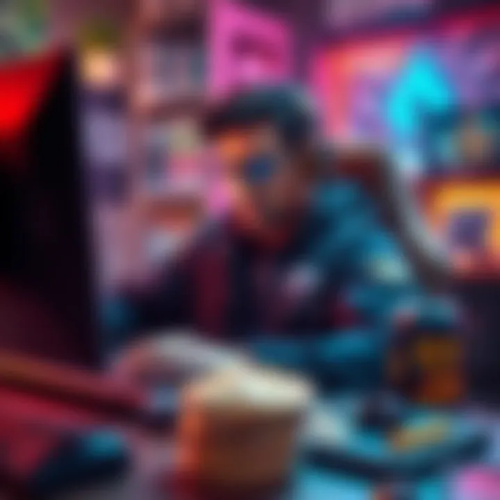 A person focused on playing the Axion game, surrounded by gaming gear and snacks, looking determined to improve drop rates.