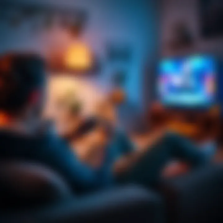 A casual gamer sitting on a couch with a game controller, focused on the screen in a cozy environment.