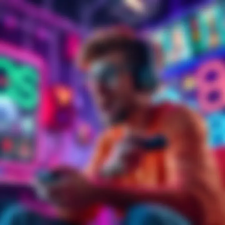 A person engaged in a video game with a controller, showing excitement and concentration, surrounded by colorful gaming elements.