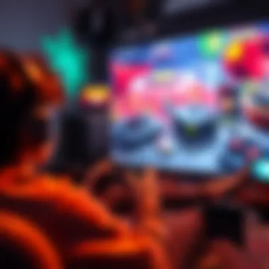 A focused player enjoying a hidden gem video game on a large screen, surrounded by gaming accessories and snacks, displaying an immersive atmosphere