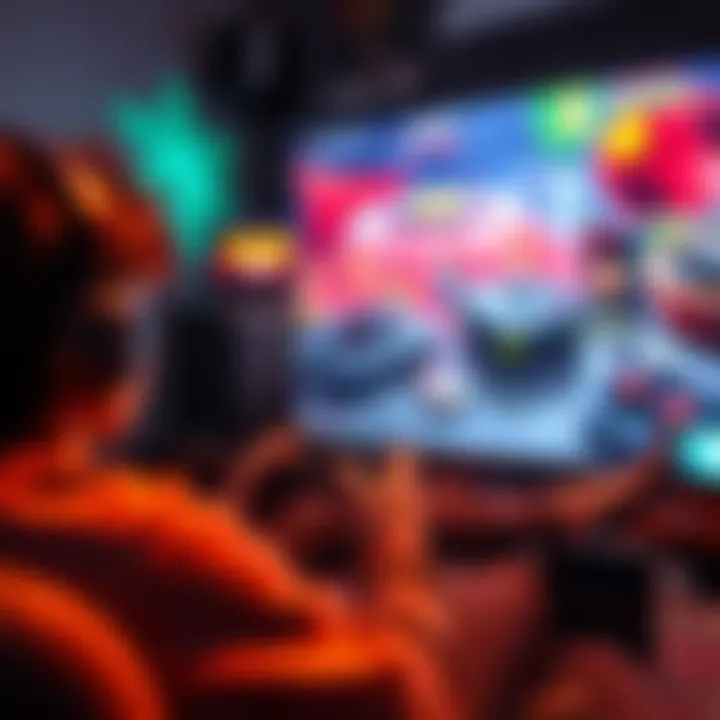 A focused player enjoying a hidden gem video game on a large screen, surrounded by gaming accessories and snacks, displaying an immersive atmosphere