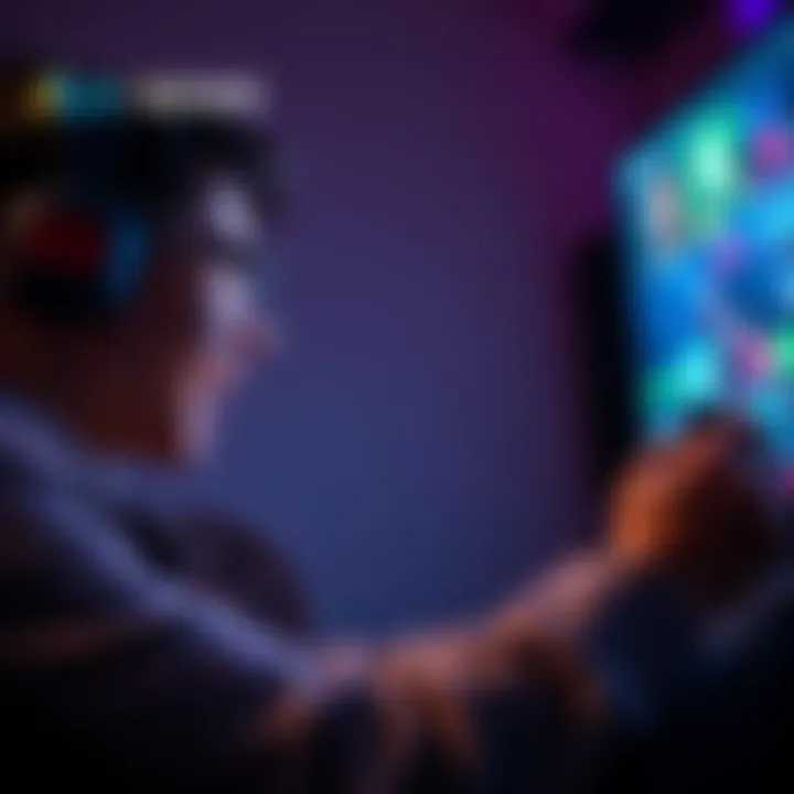 A person intensely focused on playing a video game, showing enthusiasm despite losing, with a game controller in hand and colorful screen in front.