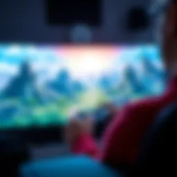 A person focused on playing a video game, with a console and screen showing a fantasy landscape, illustrating the connection with gaming experiences.