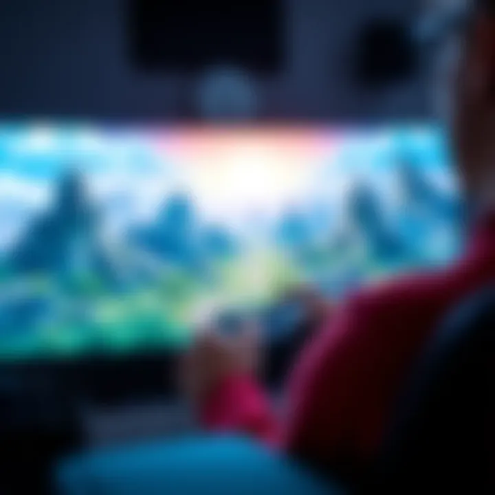 A person focused on playing a video game, with a console and screen showing a fantasy landscape, illustrating the connection with gaming experiences.