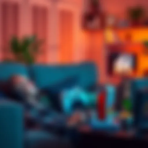 A person sitting on a couch, fully engaged in playing a video game on a console, with snacks and drinks nearby.