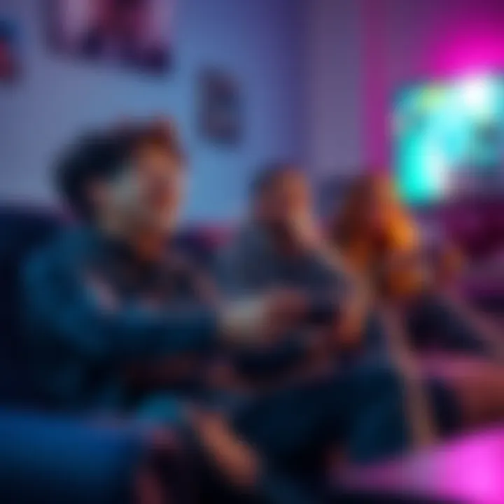 A person sits on a couch with a game controller, showing expressions of joy and concentration while playing a video game.