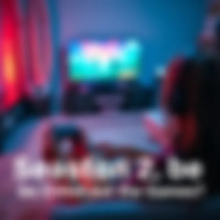 A person sits on a couch, focused on playing video games, with a gaming console and screen visible in the background.