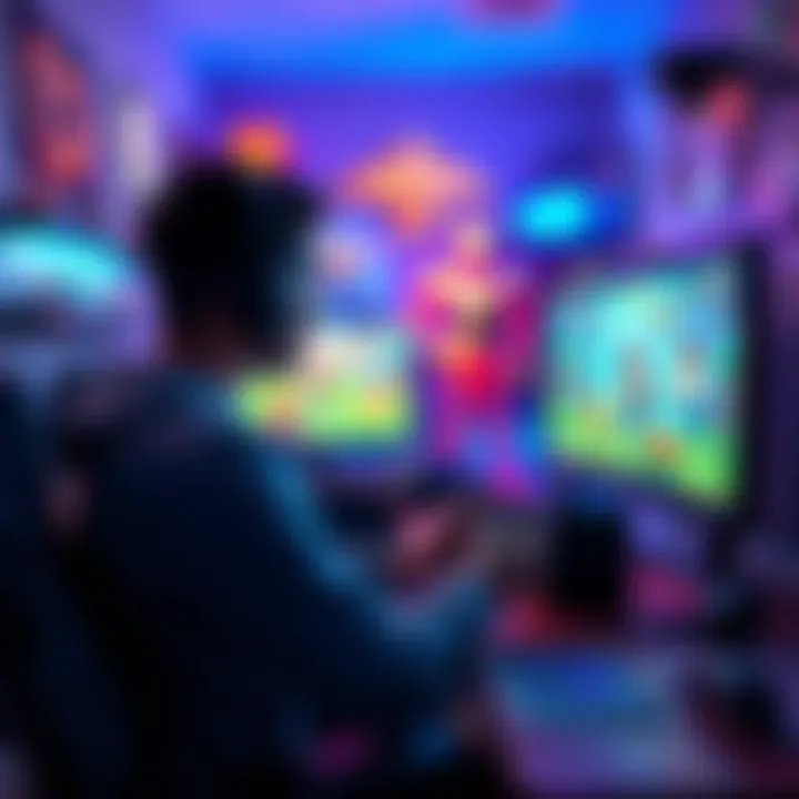 A gamer focused on a screen, surrounded by colorful game characters and a cozy gaming setup.