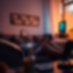 Individual sitting on a couch, deeply focused on a video game, surrounded by soft lighting and snacks, showing a sense of relaxation