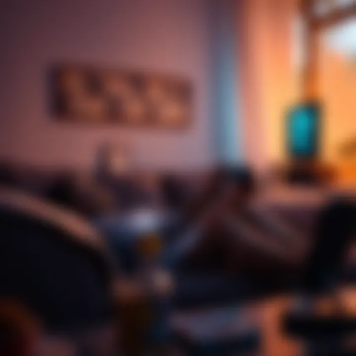 Individual sitting on a couch, deeply focused on a video game, surrounded by soft lighting and snacks, showing a sense of relaxation
