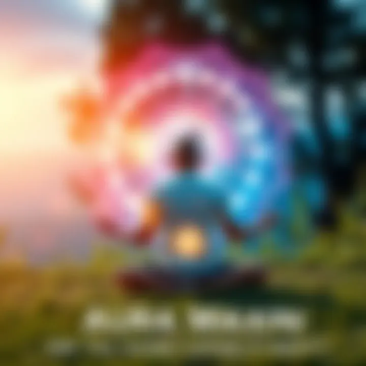 A person meditating in a peaceful outdoor setting, surrounded by a glowing aura of light, representing self-improvement and vibrant living.