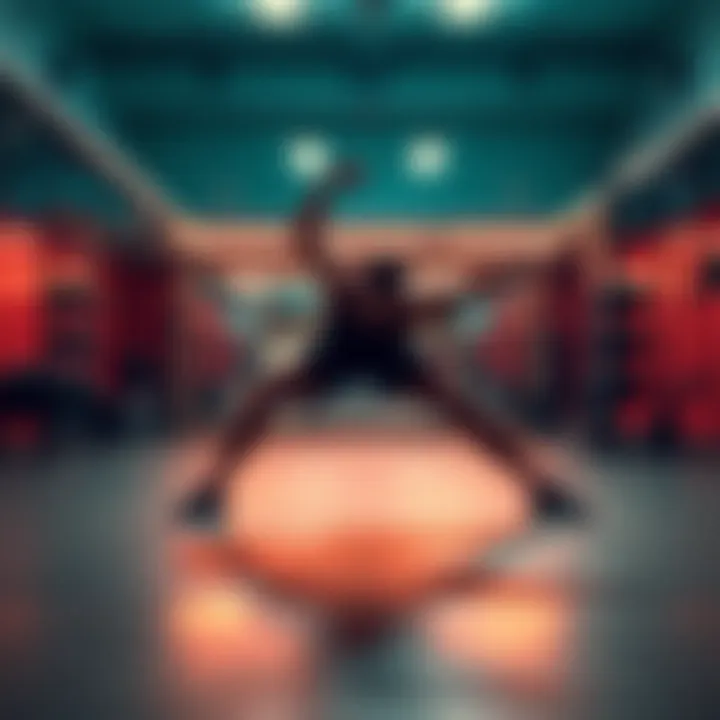 A person stretching in a gym, attempting to master the split technique